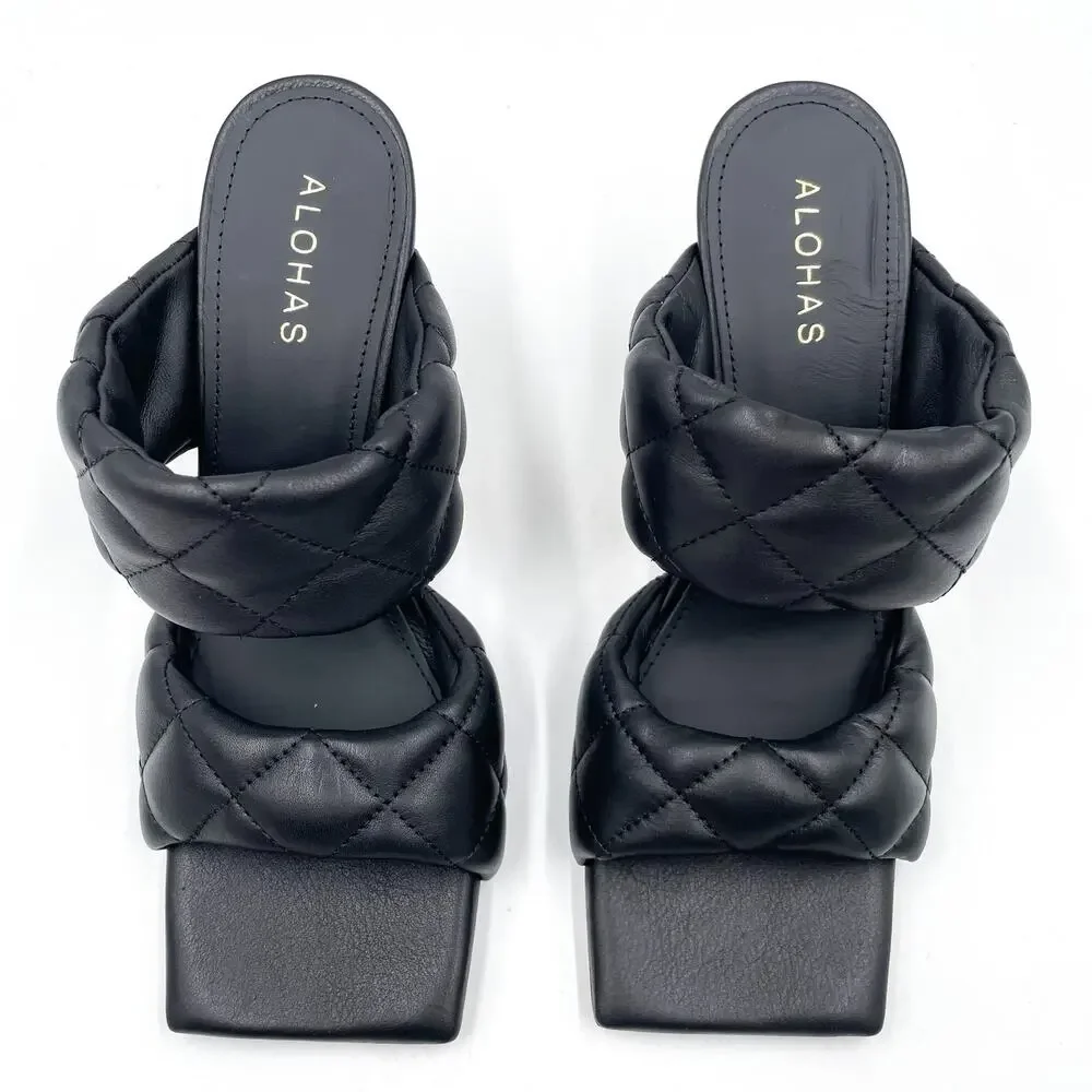 Alohas Conner Sandals Black Leather Quilted Heels‎ Square Toe Sz 8.5